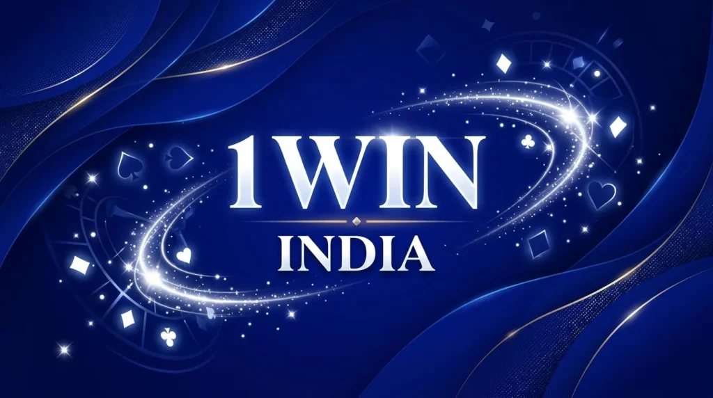 "1WIN INDIA" text banner on a deep blue background with elegant golden accents. The design includes glowing swirls of light, card suit icons (hearts, diamonds, clubs, spades), and a subtle roulette wheel silhouette.