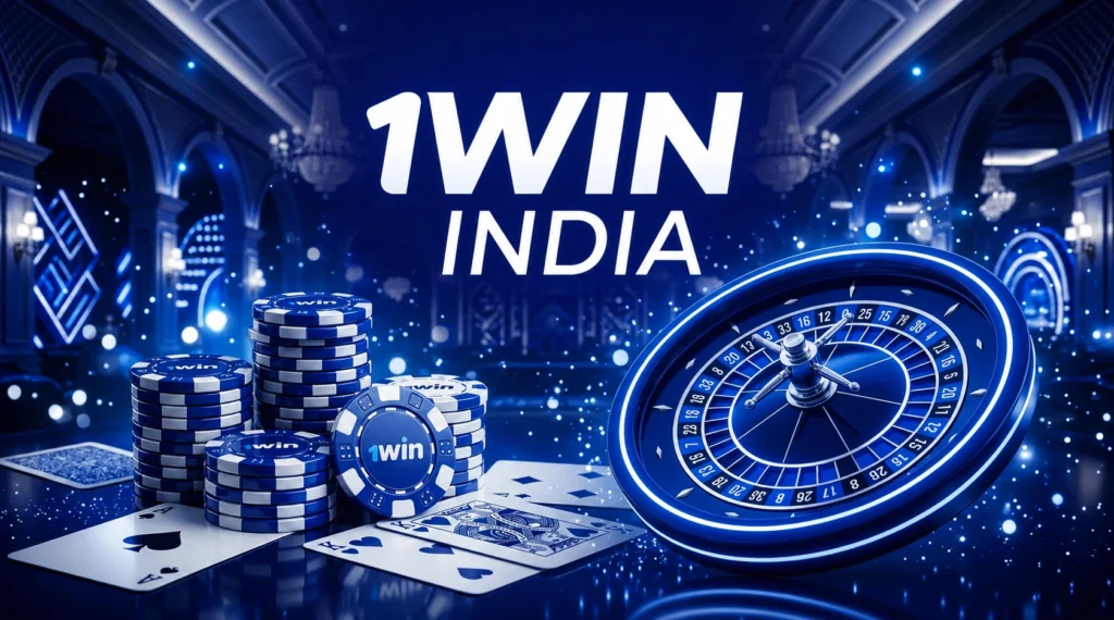"1WIN INDIA" logo in a luxury blue casino setting. The scene features stacks of blue and white poker chips, playing cards including the Ace of Spades, and a spinning roulette wheel with sparkling light effects.